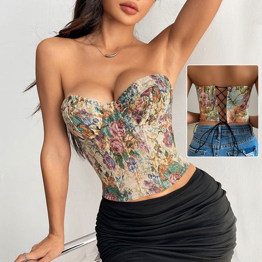 House of Luna | Corset Top – Floral Lace-Up Back Crop