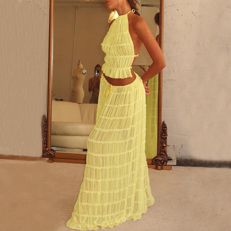 House of Luna | Isla Pleated Halter Two-Piece Set – Boho Backless Crop Top & Maxi Skirt