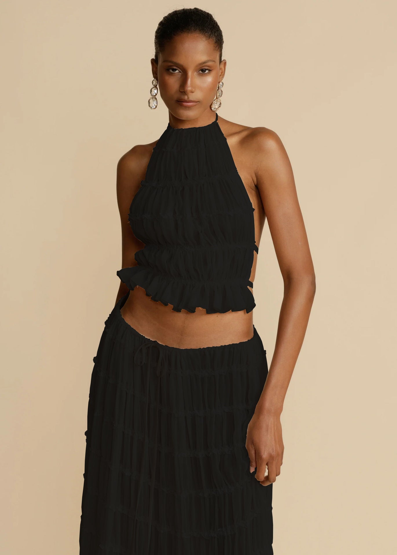 House of Luna | Isla Pleated Halter Two-Piece Set – Boho Backless Crop Top & Maxi Skirt