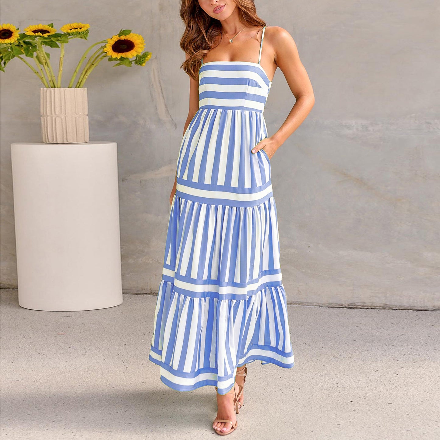 House of Luna | Striped Maxi Dress – Backless Beach Sundress with Pockets