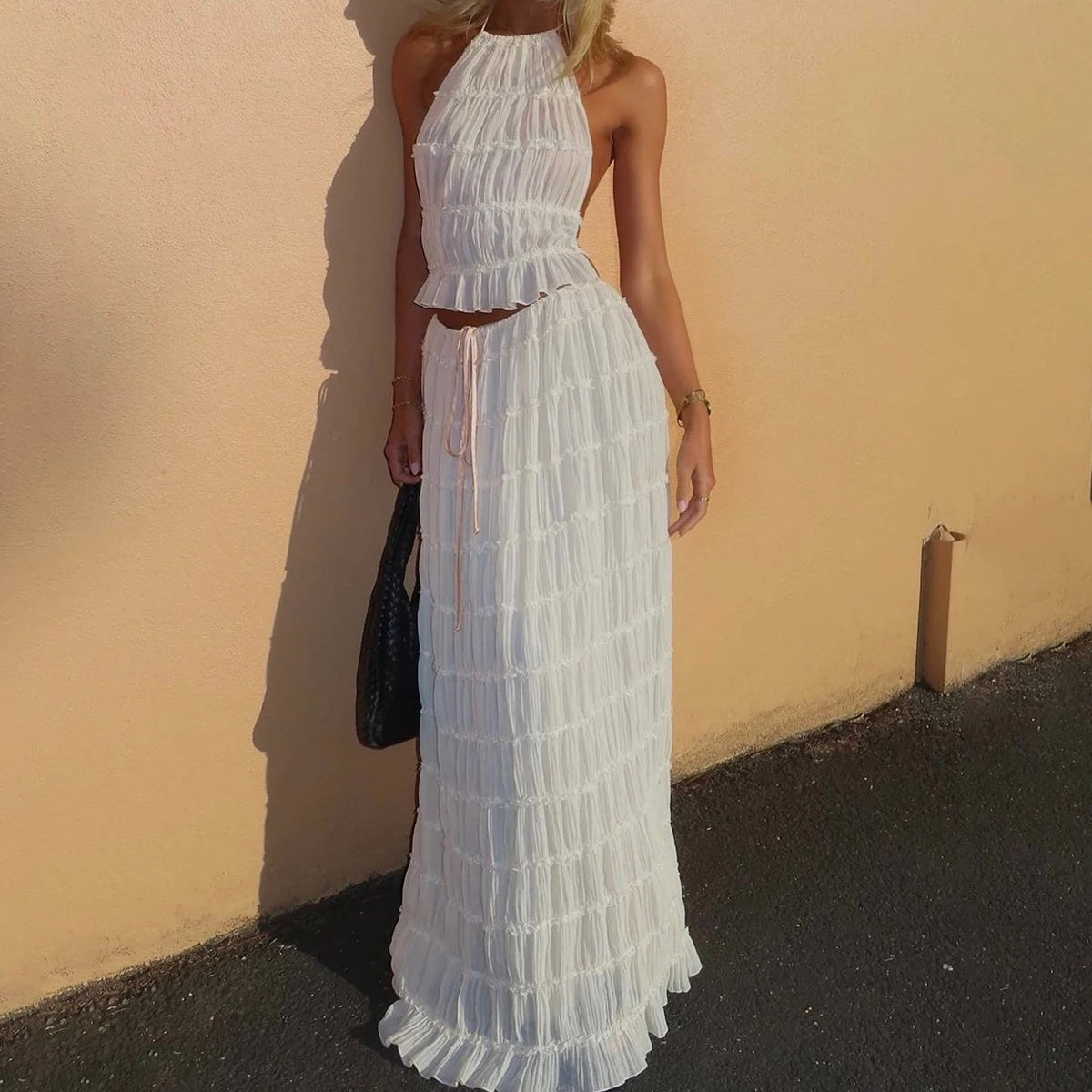 House of Luna | Isla Pleated Halter Two-Piece Set – Boho Backless Crop Top & Maxi Skirt