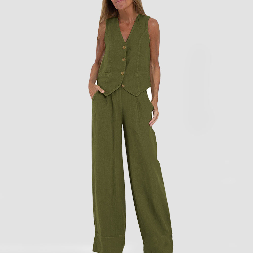 House of Luna | Linen Vest Set – Sleeveless Button-Up & Wide-Leg Trouser Co-Ord