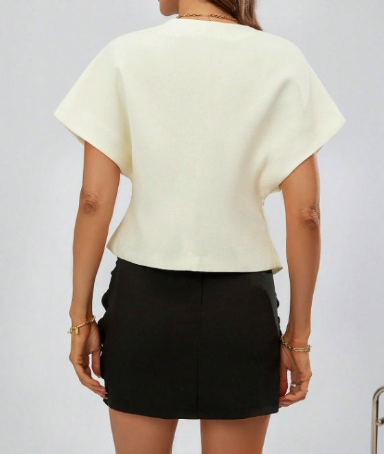 House of Luna | V-Neck Button-Up Crop Blouse in Beige