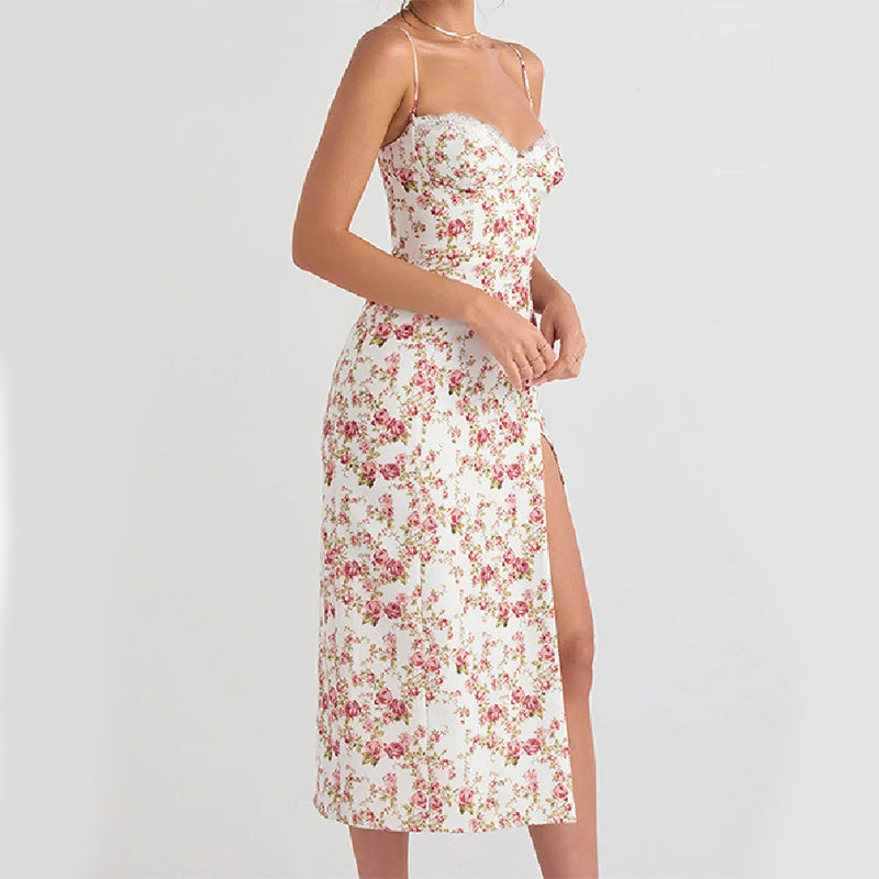 House of Luna | Floral Lace Maxi – Romantic Slit Dress with Spaghetti Straps