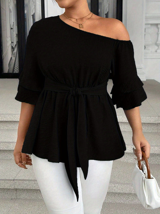 House of Luna | One-Shoulder Belted Peplum Blouse (Plus Size)
