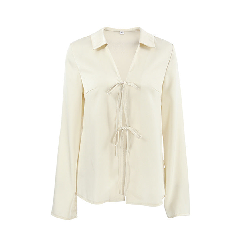 House of Luna | Tie-Front Blouse – Apricot Satin Drape Top