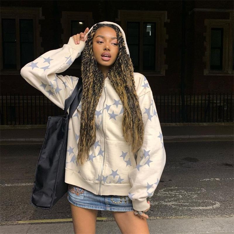 House of Luna | Star Print Zip Hoodie – Streetwear with Oversized Fit