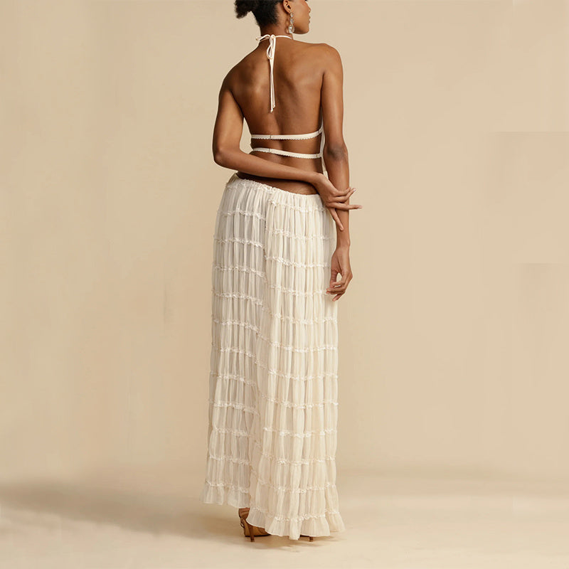 House of Luna | Isla Pleated Halter Two-Piece Set – Boho Backless Crop Top & Maxi Skirt