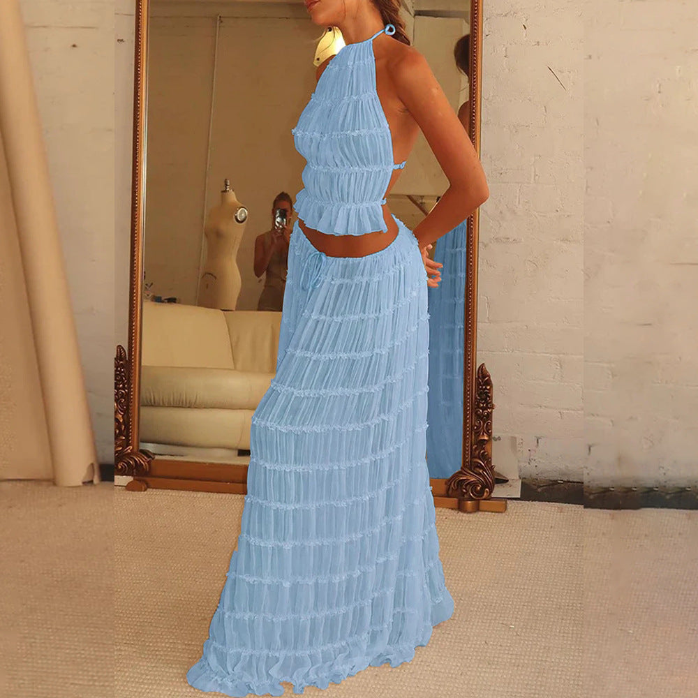 House of Luna | Isla Pleated Halter Two-Piece Set – Boho Backless Crop Top & Maxi Skirt