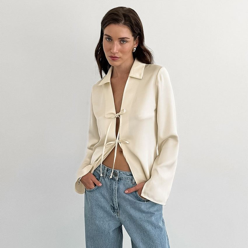 House of Luna | Tie-Front Blouse – Apricot Satin Drape Top