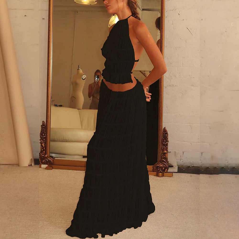 House of Luna | Isla Pleated Halter Two-Piece Set – Boho Backless Crop Top & Maxi Skirt