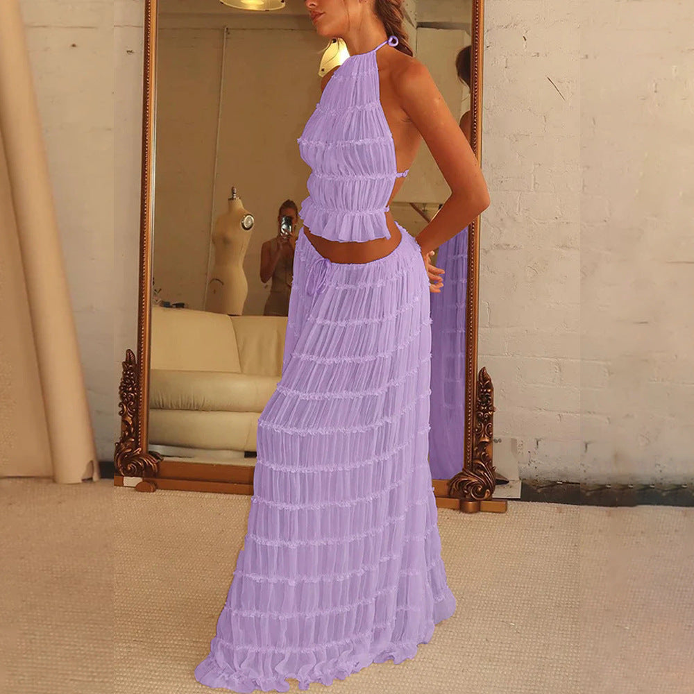 House of Luna | Isla Pleated Halter Two-Piece Set – Boho Backless Crop Top & Maxi Skirt