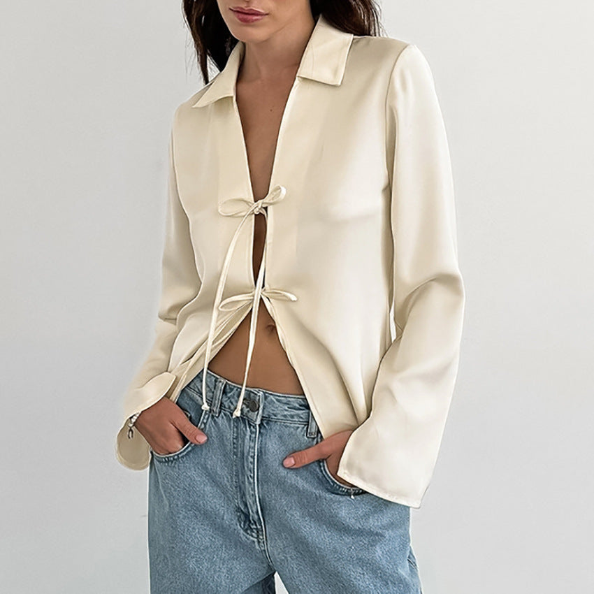 House of Luna | Tie-Front Blouse – Apricot Satin Drape Top