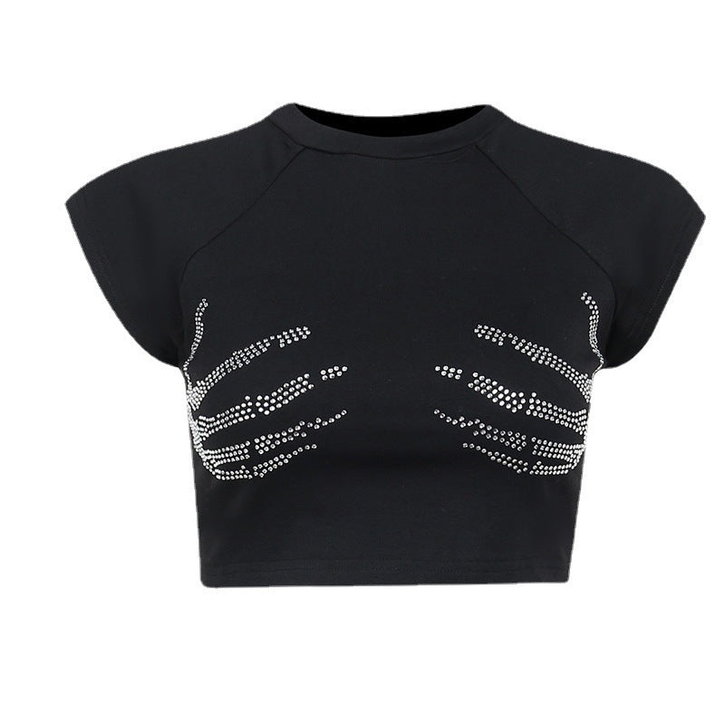 House of Luna |Grip Crop Tee – Rhinestone Skeleton Hands