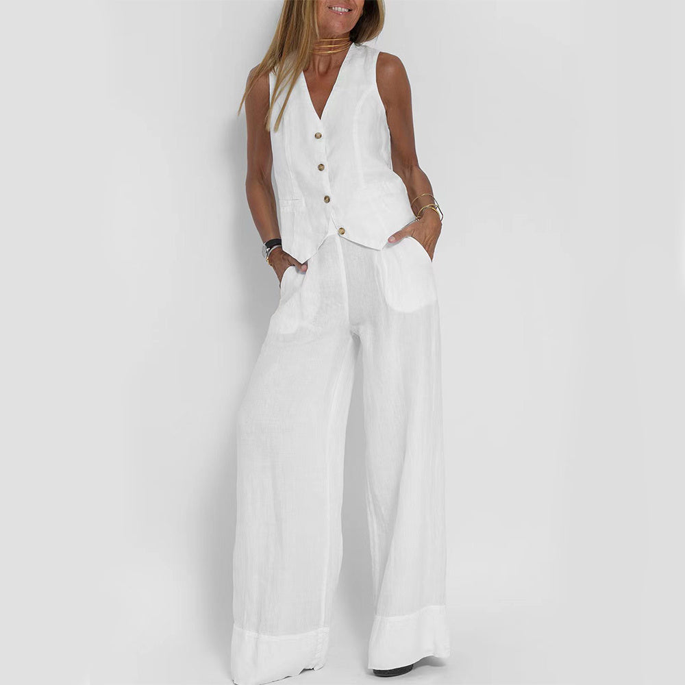 House of Luna | Linen Vest Set – Sleeveless Button-Up & Wide-Leg Trouser Co-Ord