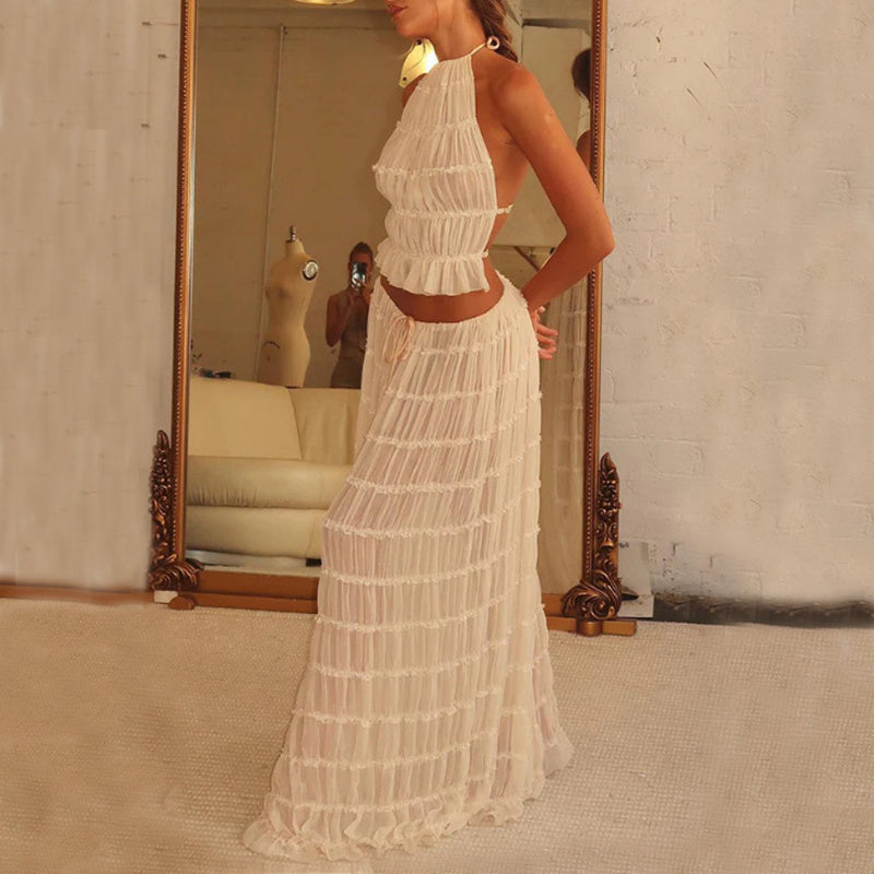 House of Luna | Isla Pleated Halter Two-Piece Set – Boho Backless Crop Top & Maxi Skirt