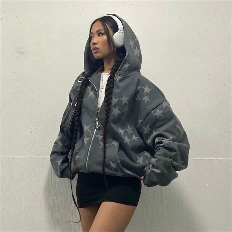 House of Luna | Star Print Zip Hoodie – Streetwear with Oversized Fit