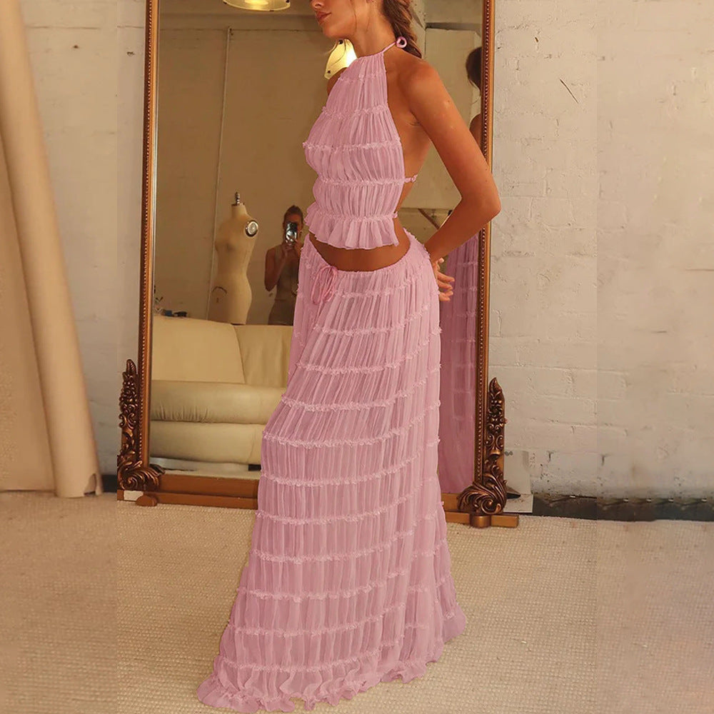 House of Luna | Isla Pleated Halter Two-Piece Set – Boho Backless Crop Top & Maxi Skirt